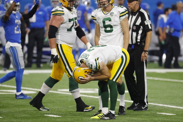 Green Bay Packers kicker Mason Crosby reacts after missing his third field goal of the day during the first half of an NFL football game against the Detroit Lions, Sunday, Oct. 7, 2018, in Detroit. (AP Photo/Paul Sancya)