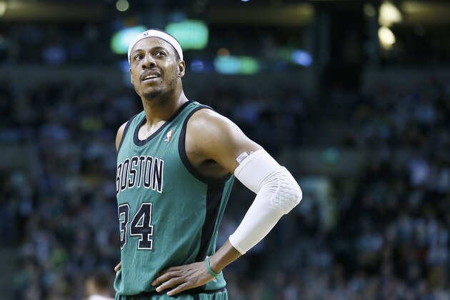 BOSTON, MA - MARCH 3: Boston Celtics small forward Paul Pierce (34) rests during the Boston Celtics 112-88 victory over the Toronto Raptors at the TD Garden on March 3, 2013 in Boston, Massachusetts. NOTE TO USER: User expressly acknowledges and agrees that, by downloading and or using this photograph, User is consenting to the terms and conditions of the Getty Images License Agreement. (Photo by Chris Elise/Getty Images)