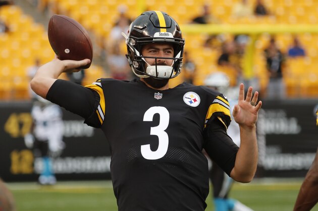 Pittsburgh Steelers quarterback Landry Jones (3) warms up before a pre season NFL football game against the Carolina Panthers in Pittsburgh, Thursday, Aug. 30, 2018. (AP Photo/Keith Srakocic)