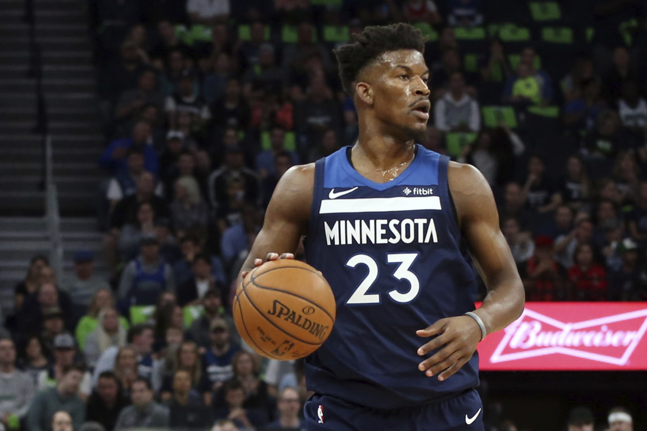 Minnesota Timberwolves' Jimmy Butler plays against the Houston Rockets during the first half of Game 4 in an NBA basketball first-round playoff series Monday, April 23, 2018, in Minneapolis. (AP Photo/Jim Mone)