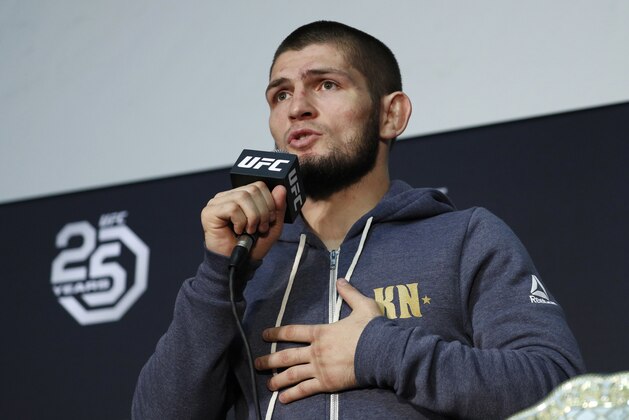 Khabib Nurmagomedov speaks at a news conference after the UFC 229 mixed martial arts event Saturday, Oct. 6, 2018, in Las Vegas. A brawl broke out after the main event between Khabib Nurmagomedov and Conor McGregor when Nurmagomedov climbed over the cage and set off a scuffle with another fighter in McGregor's corner. (AP Photo/John Locher)