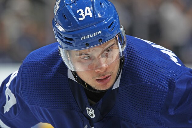 TORONTO, ON - APRIL 19:  Auston Matthews #34 of the Toronto Maple Leafs gets set to take a facoff against the Boston Bruins in Game Four of the Eastern Conference First Round in the 2018 Stanley Cup play-offs at the Air Canada Centre on April 19, 2018 in Toronto, Ontario, Canada. The Bruins defeated the Maple Leafs 3-1. (Photo by Claus Andersen/Getty Images) *** Local Caption *** Auston Matthews