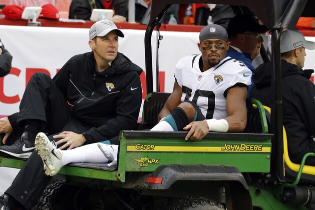 Jacksonville Jaguars running back Corey Grant (30) is carted off due to an injury during the first half of an NFL football game against the Kansas City Chiefs in Kansas City, Mo., Sunday, Oct. 7, 2018. (AP Photo/Charlie Riedel)