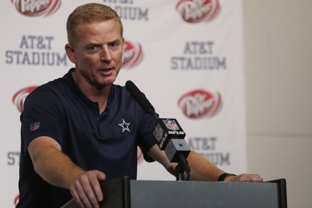 Dallas Cowboys head coach Jason Garrett speaks during a news conference following an NFL football game against the Detroit Lions in Arlington, Texas, Sunday, Sept. 30, 2018. (AP Photo/Ron Jenkins)