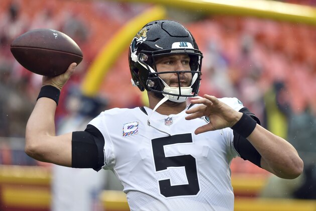 Jacksonville Jaguars quarterback Blake Bortles (5) warms up before an NFL football game against the Kansas City Chiefs in Kansas City, Mo., Sunday, Oct. 7, 2018. (AP Photo/Ed Zurga)