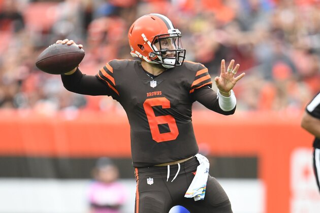 CLEVELAND, OH - OCTOBER 07: Baker Mayfield #6 of the Cleveland Browns throws a pass in the third quarter against the Baltimore Ravens at FirstEnergy Stadium on October 7, 2018 in Cleveland, Ohio. (Photo by Jason Miller/Getty Images)
