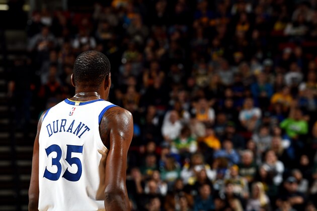 SEATTLE, WA - OCTOBER 5: Kevin Durant #35 of the Golden State Warriors is seen against the Sacramento Kings during a pre-season game on October 5, 2018 at KeyArena in Seattle, Washington. NOTE TO USER: User expressly acknowledges and agrees that, by downloading and or using this photograph, user is consenting to the terms and conditions of Getty Images License Agreement. Mandatory Copyright Notice: Copyright 2018 NBAE (Photo by Noah Graham/NBAE via Getty Images)