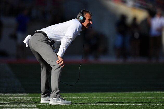 COLUMBUS, OH - OCTOBER 6:  Head Coach Urban Meyer of the Ohio State Buckeyes watches his team play against the Indiana Hoosiers at Ohio Stadium on October 6, 2018 in Columbus, Ohio.  (Photo by Jamie Sabau/Getty Images)