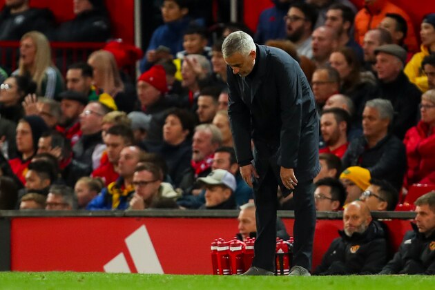 MANCHESTER, ENGLAND - OCTOBER 06:  Jose Mourinho head coach / manager of Manchester United reacts during the Premier League match between Manchester United and Newcastle United at Old Trafford on October 6, 2018 in Manchester, United Kingdom. (Photo by Robbie Jay Barratt - AMA/Getty Images)