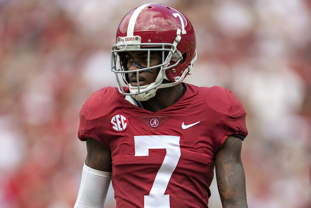 TUSCALOOSA, AL - SEPTEMBER 22:  Trevon Diggs #7 of the Alabama Crimson Tide on the field during a game against the Texas A&M Aggies at Bryant-Denny Stadium on September 22, 2018 in Tuscaloosa, Alabama.  The Crimson Tide defeated the Aggies 45-23.  (Photo by Wesley Hitt/Getty Images)