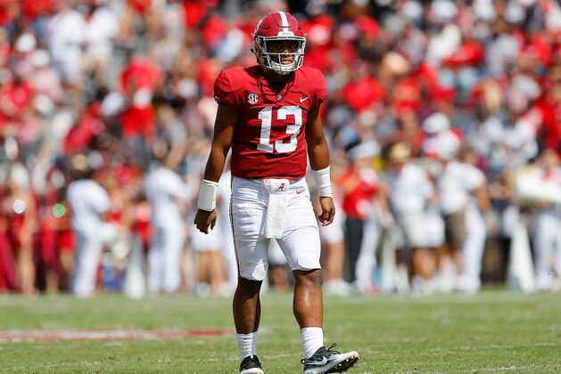 TUSCALOOSA, AL - SEPTEMBER 29:  Tua Tagovailoa #13 of the Alabama Crimson Tide reacts after passing for a touchdown against the Louisiana Ragin Cajuns at Bryant-Denny Stadium on September 29, 2018 in Tuscaloosa, Alabama.  (Photo by Kevin C. Cox/Getty Images)