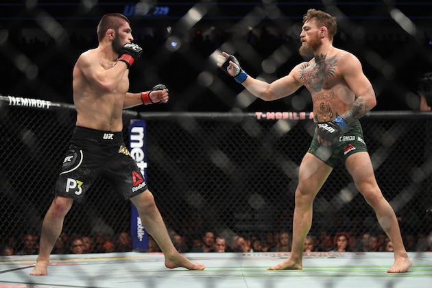 LAS VEGAS, NV - OCTOBER 06:  (L-R) Khabib Nurmagomedov of Russia faces Conor McGregor of Ireland in their UFC lightweight championship bout during the UFC 229 event inside T-Mobile Arena on October 6, 2018 in Las Vegas, Nevada. (Photo by Jeff Bottari/Zuffa LLC/Zuffa LLC via Getty Images)