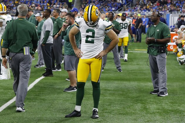 Green Bay Packers kicker Mason Crosby stands in the bench area after missing a field goal during the second half of an NFL football game against the Detroit Lions, Sunday, Oct. 7, 2018, in Detroit. (AP Photo/Paul Sancya)