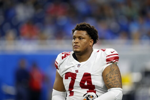 New York Giants offensive tackle Ereck Flowers walks onto the field for the second half of a preseason NFL football game against the Detroit Lions, Friday, Aug. 17, 2018, in Detroit. (AP Photo/Paul Sancya) New York Giants offensive tackle Ereck Flowers walks onto the field for the second half of a preseason NFL football game against the Detroit Lions, Friday, Aug. 17, 2018, in Detroit. (AP Photo/Paul Sancya)