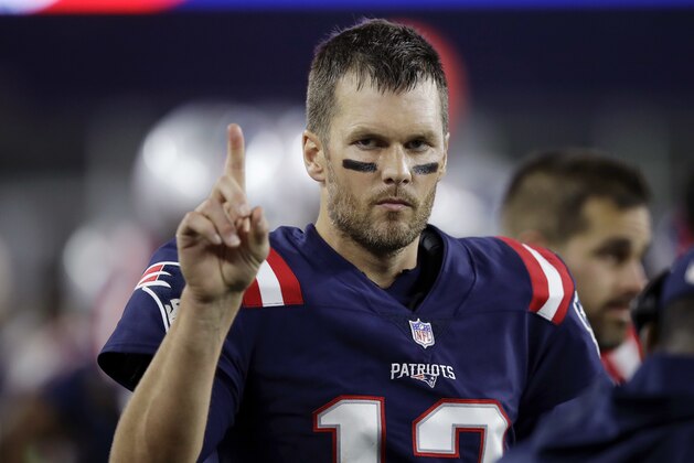 New England Patriots quarterback Tom Brady signals on the sideline during the first half of an NFL football game against the Indianapolis Colts, Thursday, Oct. 4, 2018, in Foxborough, Mass. (AP Photo/Charles Krupa)