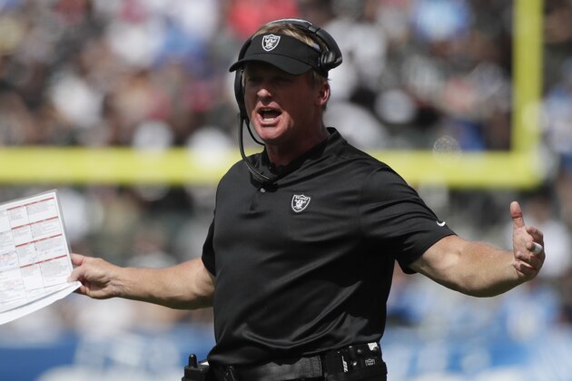 Oakland Raiders head coach Jon Gruden looks on during the first half of an NFL football game against the Los Angeles Chargers Sunday, Oct. 7, 2018, in Carson, Calif. (AP Photo/Jae C. Hong)