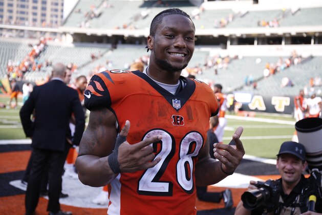 Cincinnati Bengals running back Joe Mixon (28) leaves the field following an NFL football game against the Miami Dolphins in Cincinnati, Sunday, Oct. 7, 2018. The Bengals defeated the Dolphins 27-17. (AP Photo/Gary Landers)