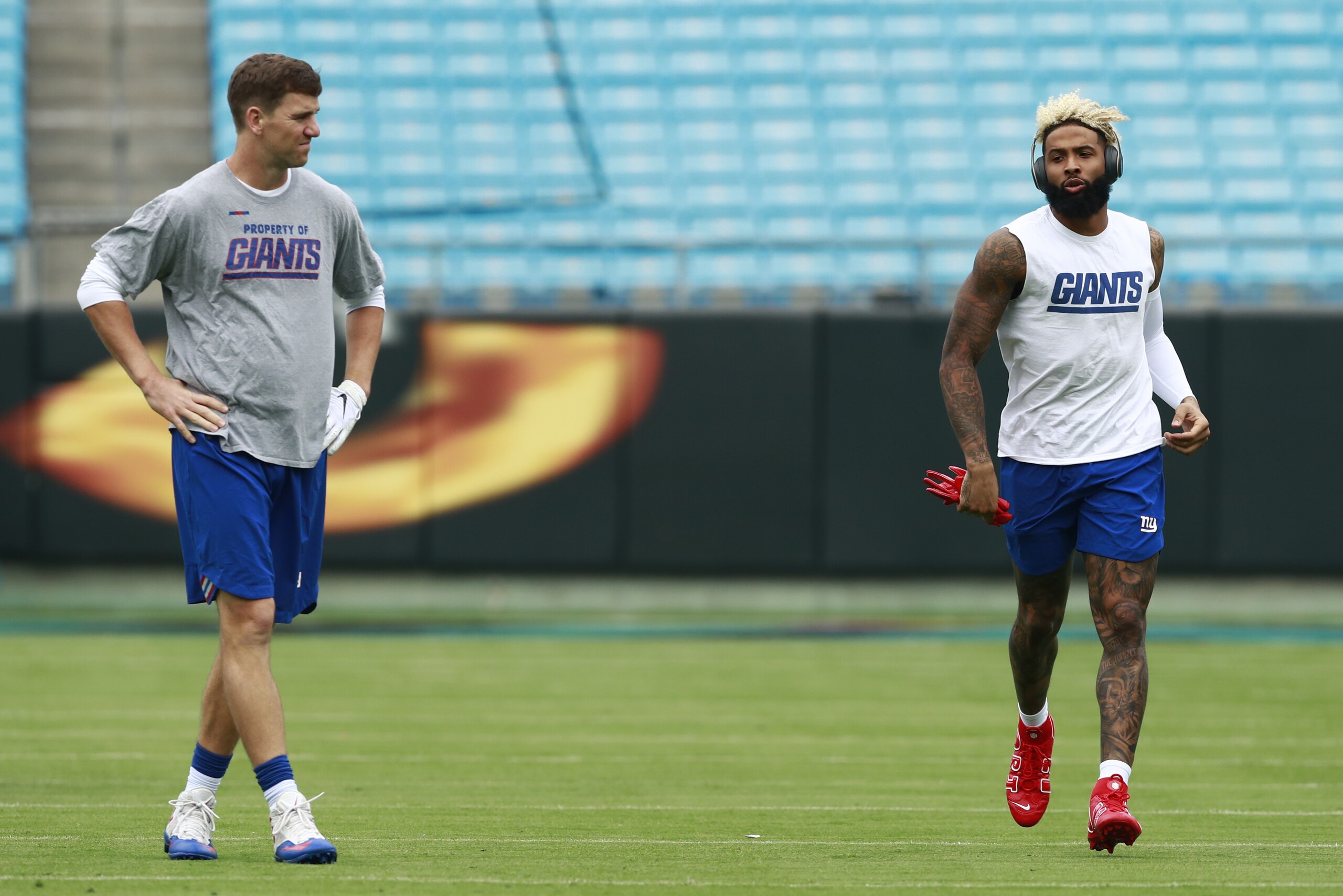 New York Giants' Eli Manning, left, and Odell Beckham, right, warm up before an NFL football game against the Carolina Panthers in Charlotte, N.C., Sunday, Oct. 7, 2018. (AP Photo/Jason E. Miczek) New York Giants' Eli Manning, left, and Odell Beckham, right, warm up before an NFL football game against the Carolina Panthers in Charlotte, N.C., Sunday, Oct. 7, 2018. (AP Photo/Jason E. Miczek)