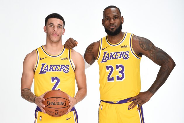 EL SEGUNDO, CA - SEPTEMBER 24: Lonzo Ball #2 and LeBron James #23 of the Los Angeles Lakers pose for a portrait during media day at UCLA Health Training Center on September 24, 2018 in El Segundo, California. NOTE TO USER: User expressly acknowledges and agrees that, by downloading and/or using this Photograph, user is consenting to the terms and conditions of the Getty Images License Agreement. Mandatory Copyright Notice: Copyright 2018 NBAE (Photo by Andrew D. Bernstein/NBAE via Getty Images)