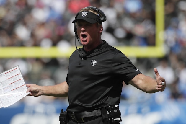 Oakland Raiders head coach Jon Gruden looks on during the first half of an NFL football game against the Los Angeles Chargers Sunday, Oct. 7, 2018, in Carson, Calif. (AP Photo/Jae C. Hong)