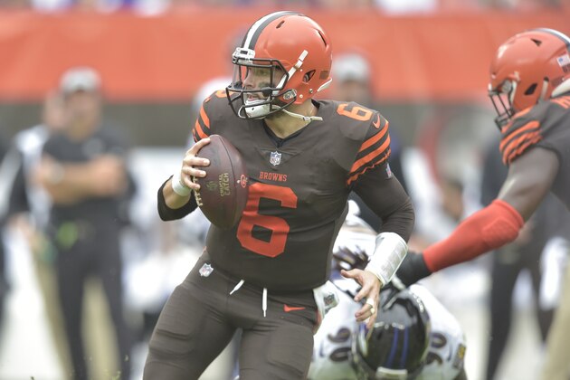 Cleveland Browns quarterback Baker Mayfield (6) in action during an NFL football game against the Baltimore Ravens, Sunday, Oct. 7, 2018, in Cleveland. The Browns won 12-9. (AP Photo/David Richard)