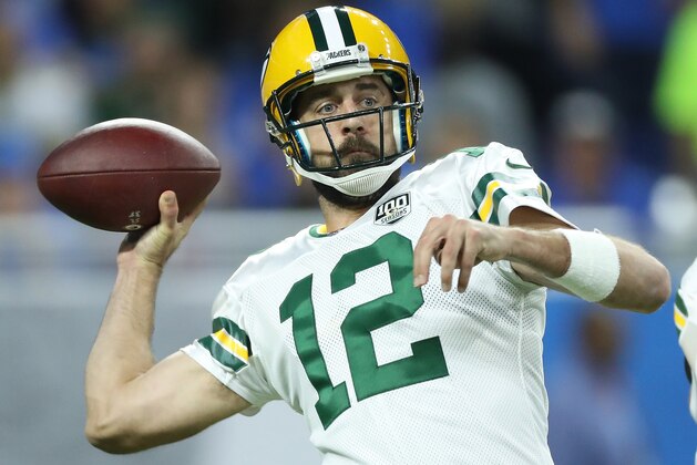DETROIT, MI - OCTOBER 07: Aaron Rodgers #12 of the Green Bay Packers warms up prior to the start of the game against the Detroit Lions at Ford Field on October 7, 2018 in Detroit, Michigan. The Lions defeated the Packers 31-23. (Photo by Leon Halip/Getty Images) ** Aaron Rodgers **