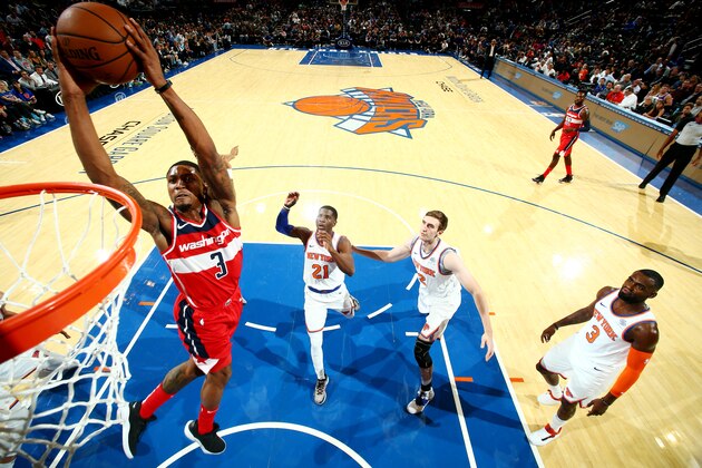 NEW YORK, NY - OCTOBER 8:  Bradley Beal #3 of the Washington Wizards dunks the ball against the New York Knicks during a pre-season game on October 8, 2018 at Madison Square Garden in New York City, New York.  NOTE TO USER: User expressly acknowledges and agrees that, by downloading and or using this photograph, User is consenting to the terms and conditions of the Getty Images License Agreement. Mandatory Copyright Notice: Copyright 2018 NBAE  (Photo by Nathaniel S. Butler/NBAE via Getty Images)