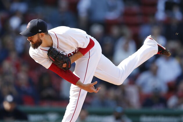 Boston Red Sox's Rick Porcello pitches during the first inning of a baseball game against the New York Yankees in Boston, Sunday, Sept. 30, 2018. (AP Photo/Michael Dwyer)