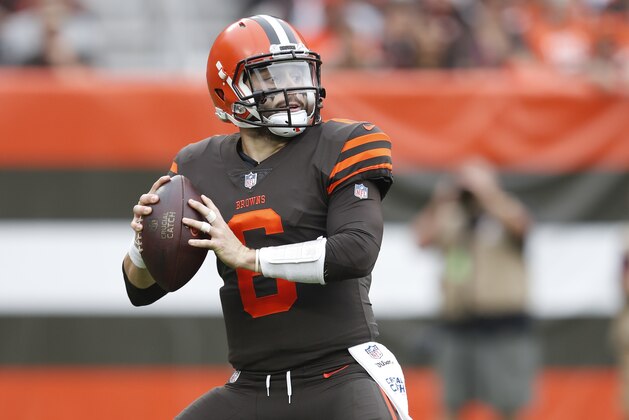 CLEVELAND, OH - OCTOBER 07: Baker Mayfield #6 of the Cleveland Browns looks to pass the ball during the game against the Baltimore Ravens at FirstEnergy Stadium on October 7, 2018 in Cleveland, Ohio. The Browns won 12-9 in overtime. (Photo by Joe Robbins/Getty Images)