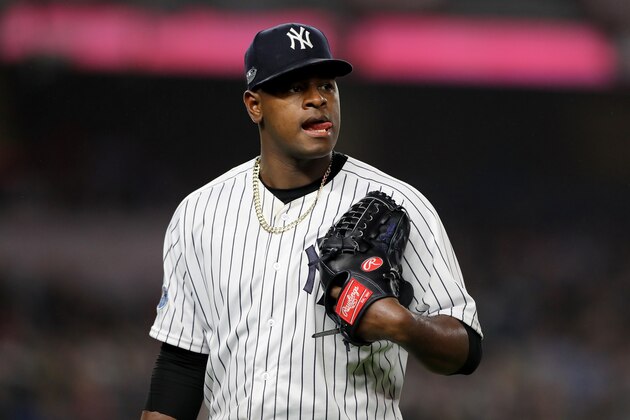 NEW YORK, NEW YORK - OCTOBER 08:   Luis Severino #40 of the New York Yankees walks back to the dugout after being pulled against the Boston Red Sox during the fourth inning in Game Three of the American League Division Series at Yankee Stadium on October 08, 2018 in the Bronx borough of New York City. (Photo by Elsa/Getty Images)