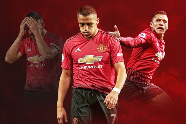 Manchester United's Chilean striker Alexis Sanchez celebrates after scoring the team's third goal during the English Premier League football match between Manchester United and Newcastle at Old Trafford in Manchester, north west England, on October 6, 2018. (Photo by Oli SCARFF / AFP) / RESTRICTED TO EDITORIAL USE. No use with unauthorized audio, video, data, fixture lists, club/league logos or 'live' services. Online in-match use limited to 120 images. An additional 40 images may be used in extra time. No video emulation. Social media in-match use limited to 120 images. An additional 40 images may be used in extra time. No use in betting publications, games or single club/league/player publications. /         (Photo credit should read OLI SCARFF/AFP/Getty Images)