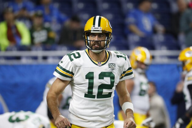 Green Bay Packers quarterback Aaron Rodgers warms up before an NFL football game against the Detroit Lions in Detroit, Sunday, Oct. 7, 2018. (AP Photo/Paul Sancya)