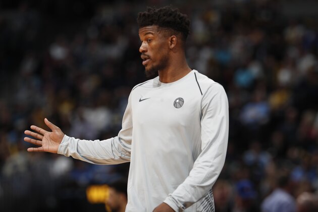 Minnesota Timberwolves guard Jimmy Butler (23) in the second half of an NBA basketball game Thursday, April 5, 2018, in Denver. The Nuggets won 100-96. (AP Photo/David Zalubowski)