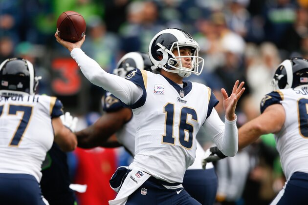 SEATTLE, WA - OCTOBER 07: Quarterback Jared Goff #16 of the Los Angeles Rams throws the ball in the first half against the Seattle Seahawks at CenturyLink Field on October 7, 2018 in Seattle, Washington. (Photo by Otto Greule Jr/Getty Images)