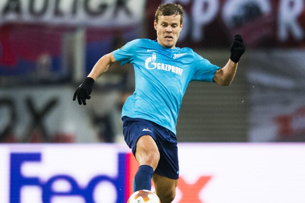 Saint Petersburg's forward Aleksandr Kokorin plays the ball during the Europa League Round of 16 first leg football match between Zenit Saint Petersburg and RB Leipzig on March 8, 2018 in Leipzig. / AFP PHOTO / ROBERT MICHAEL        (Photo credit should read ROBERT MICHAEL/AFP/Getty Images)