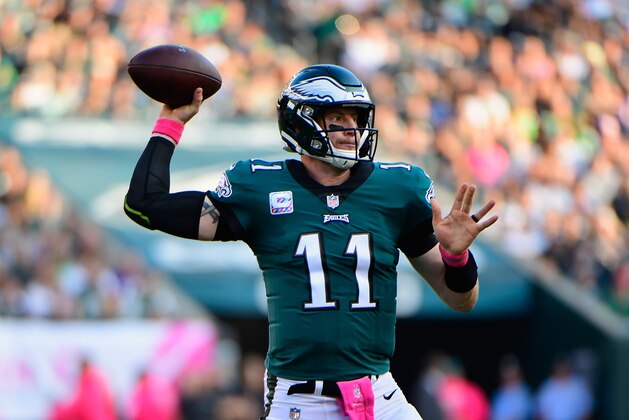 PHILADELPHIA, PA - OCTOBER 07:  Quarterback Carson Wentz #11 of the Philadelphia Eagles looks to pass against the Minnesota Vikings during the second quarter at Lincoln Financial Field on October 7, 2018 in Philadelphia, Pennsylvania.  (Photo by Corey Perrine/Getty Images)