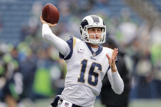 SEATTLE, WA - OCTOBER 07: Quarterback Jared Goff #16 of the Los Angeles Rams throws the ball before the game against the Seattle Seahawks at CenturyLink Field on October 7, 2018 in Seattle, Washington. (Photo by Stephen Brashear/Getty Images)