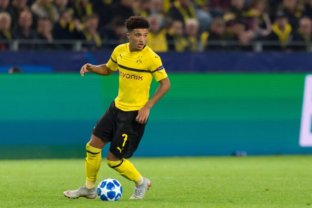 DORTMUND, GERMANY - OCTOBER 03: Jadon Sancho of Borussia Dortmund controls the ball during the Group A match of the UEFA Champions League between Borussia Dortmund and AS Monaco at Signal Iduna Park on October 3, 2018 in Dortmund, Germany. (Photo by TF-Images/TF-Images via Getty Images)