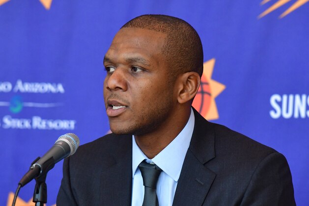 PHOENIX, AZ - MAY 14: James Jones of the Phoenix Suns talks to the media during the announcement of Igor Kokoskov as the new head coach at a press conference on May 14, 2018, at Talking Stick Resort Arena in Phoenix, Arizona. NOTE TO USER: User expressly acknowledges and agrees that, by downloading and or using this Photograph, user is consenting to the terms and conditions of the Getty Images License Agreement. Mandatory Copyright Notice: Copyright 2018 NBAE (Photo by Barry Gossage/NBAE via Getty Images)