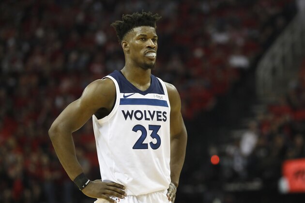 HOUSTON, TX - APRIL 25:  Jimmy Butler #23 of the Minnesota Timberwolves reacts in the second half during Game Five of the first round of the 2018 NBA Playoffs against the Houston Rockets at Toyota Center on April 25, 2018 in Houston, Texas.  NOTE TO USER: User expressly acknowledges and agrees that, by downloading and or using this photograph, User is consenting to the terms and conditions of the Getty Images License Agreement.  (Photo by Tim Warner/Getty Images)