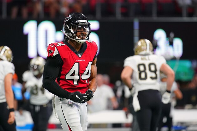 ATLANTA, GA - SEPTEMBER 23: Vic Beasley Jr. #44 of the Atlanta Falcons reacts to a sack during the game against the New Orleans Saints at Mercedes-Benz Stadium on September 23, 2018 in Atlanta, Georgia. (Photo by Daniel Shirey/Getty Images)