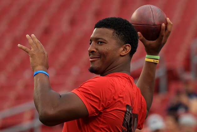 TAMPA, FL - AUGUST 30:  Jameis Winston #3 of the Tampa Bay Buccaneers warms up during a preseason game against the Jacksonville Jaguars at Raymond James Stadium on August 30, 2018 in Tampa, Florida.  (Photo by Mike Ehrmann/Getty Images)