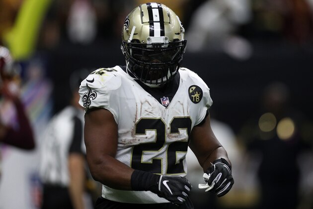 NEW ORLEANS, LA - OCTOBER 08:  Mark Ingram #22 of the New Orleans Saints reacts during the first half against the Washington Redskins at Mercedes-Benz Superdome on October 8, 2018 in New Orleans, Louisiana.  (Photo by Chris Graythen/Getty Images)