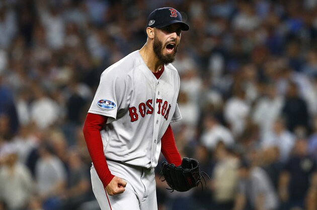 NEW YORK, NEW YORK - OCTOBER 09:  Rick Porcello #22 of the Boston Red Sox reacts after closing out the fifth inning against the New York Yankees in Game Four of the American League Division Series at Yankee Stadium on October 09, 2018 in the Bronx borough of New York City. (Photo by Mike Stobe/Getty Images)