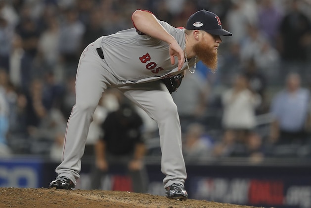 Boston Red Sox relief pitcher Craig Kimbrel prepares to pitch against the New York Yankees during the ninth inning of Game 4 of baseball's American League Division Series, Tuesday, Oct. 9, 2018, in New York. (AP Photo/Julie Jacobson)