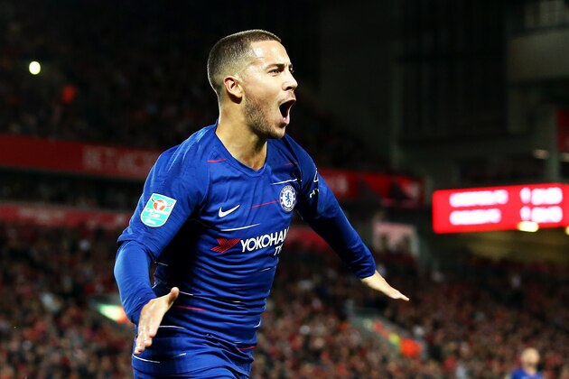 LIVERPOOL, ENGLAND - SEPTEMBER 26: Eden Hazard of Chelsea celebrates after he scores his sides second goal during the Carabao Cup Third Round match between Liverpool and Chelsea at Anfield on September 26, 2018 in Liverpool, England. (Photo by Jan Kruger/Getty Images) LIVERPOOL, ENGLAND - SEPTEMBER 26: Eden Hazard of Chelsea celebrates after he scores his sides second goal during the Carabao Cup Third Round match between Liverpool and Chelsea at Anfield on September 26, 2018 in Liverpool, England. (Photo by Jan Kruger/Getty Images)