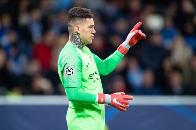 SINSHEIM, GERMANY - OCTOBER 02: Goalkeeper Ederson of Manchester City gestures during the Group F match of the UEFA Champions League between TSG 1899 Hoffenheim and Manchester City at Wirsol Rhein-Neckar-Arena on October 2, 2018 in Sinsheim, Germany. (Photo by Simon Hofmann/Getty Images)