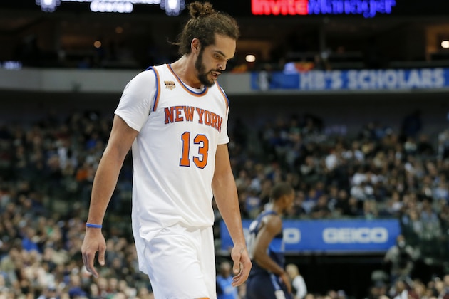 New York Knicks' Joakim Noah (13) walks to the bench during a time out in the second half of an NBA basketball game against the Dallas Mavericks on Wednesday, Jan. 25, 2017, in Dallas. (AP Photo/Tony Gutierrez)