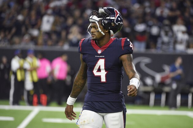 Houston Texans quarterback Deshaun Watson (4) walks off of the field after failing to score a touchdown against the Dallas Cowboys during the second half of an NFL football game, Sunday, Oct. 7, 2018, in Houston. (AP Photo/Eric Christian Smith)