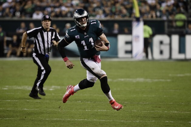 Philadelphia Eagles quarterback Carson Wentz (11) in action during an NFL football game against the Minnesota Vikings, Sunday, Oct. 7, 2018, in Philadelphia. (AP Photo/Matt Rourke)